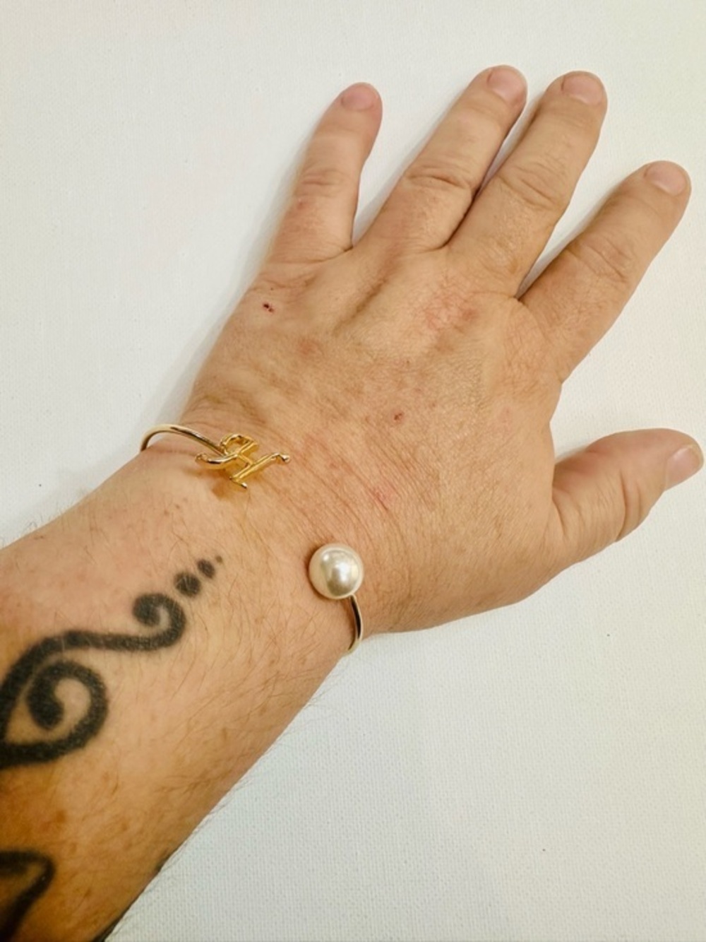 Gold Tone Initial H Pearl Open Cuff Bracelet